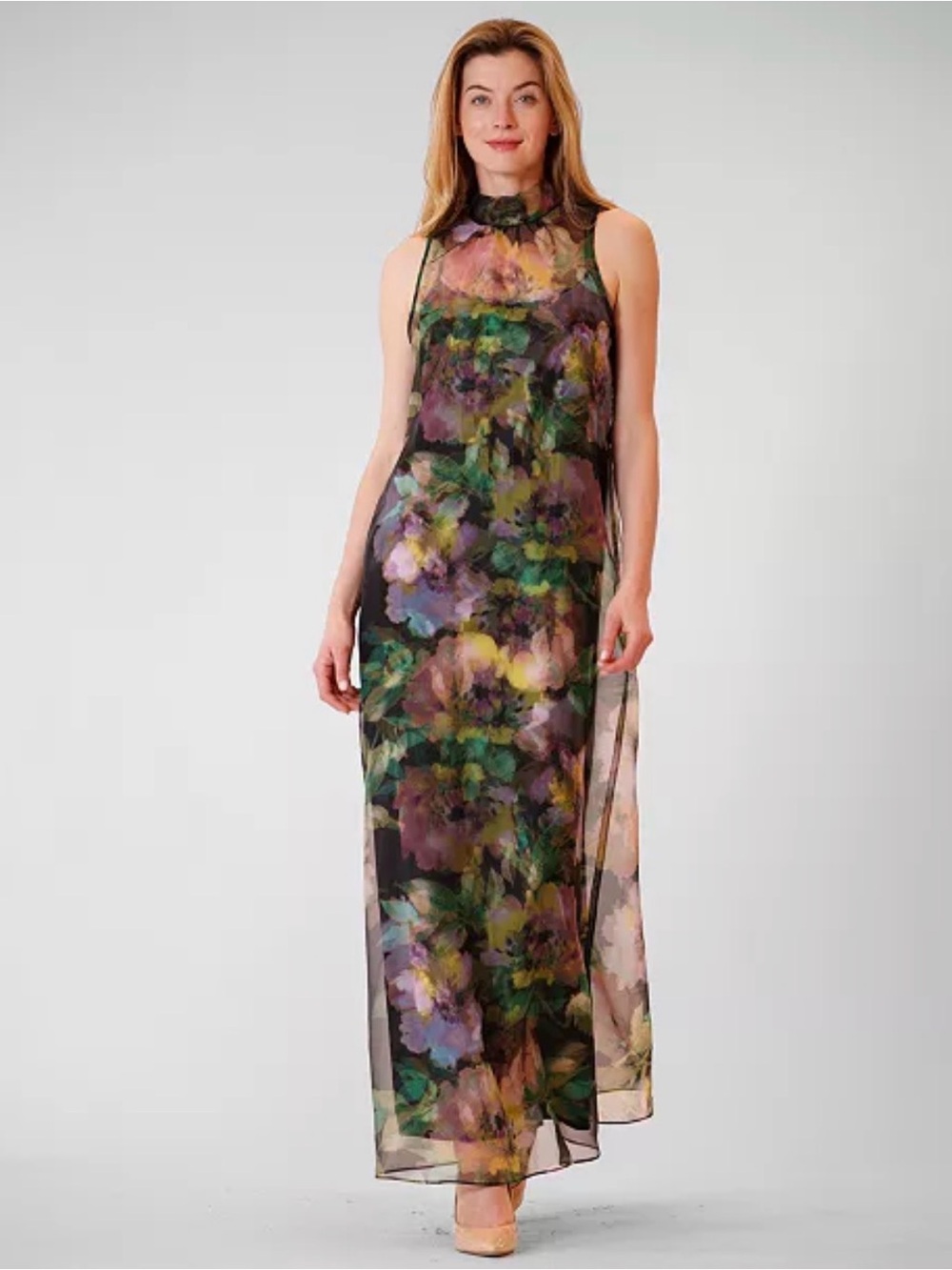 julia jordan Black Floral High-Neck Sheer Maxi Dress